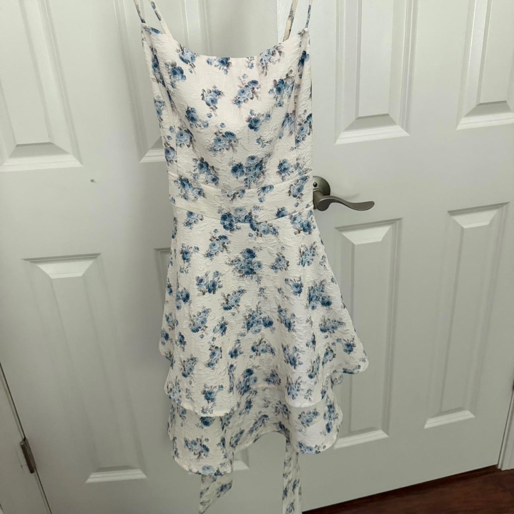 White Mini Dress with Blue Floral Print and Spaghetti Straps